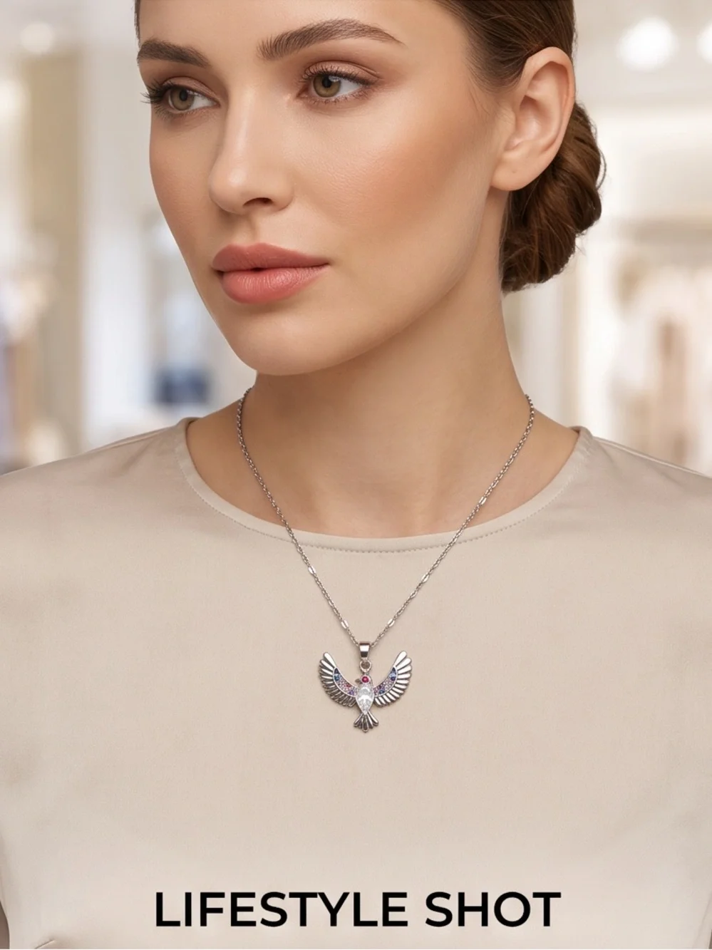 Sterling-Style Multi-Stone Bird Pendant Necklace - Pink, Turquoise & Blue Adjust